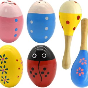 Wooden Easter Eggs Shakers Toys, Maracas Kids Hand Percussion Shakers Percussion Musical for Party Favors Kids Easter Basket Stuffers, 4 Pack Easter Eggs with 2 Shaker Sand Hammer Kit