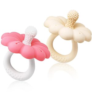 2 Packs Baby Teething Toys for 0-6 6-12 Month, 100% Food Grade Silicone Teether , Flower Baby Chew Toy, BPA Free (Pink & Caramel)