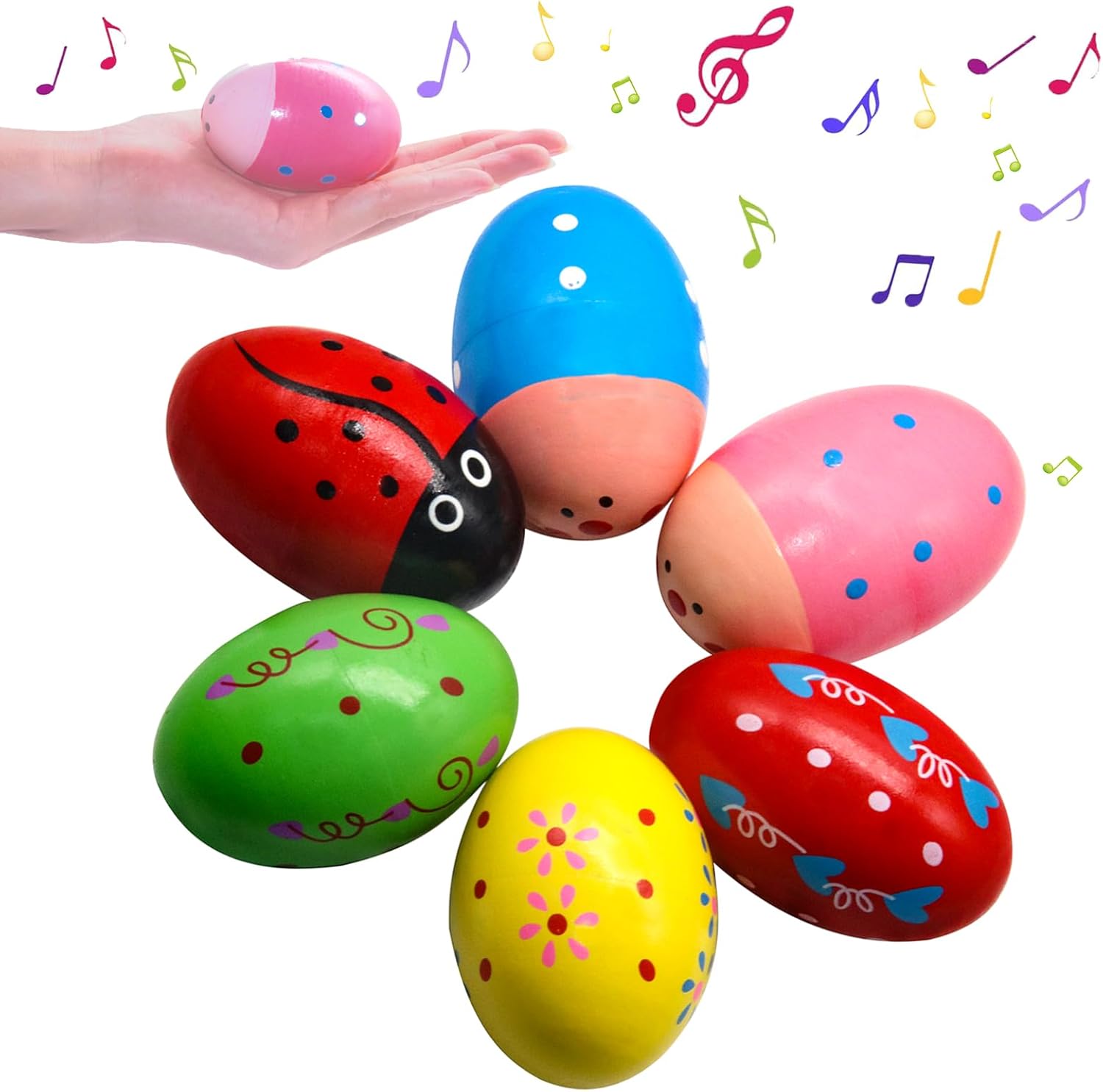 Wooden Egg Shakers, 6Pcs Hand Musical Maracas Percussion Instruments Musical Shake for Toddler, Egg Fillers, Montessori Maracas for Kids Baby with Storage Bag