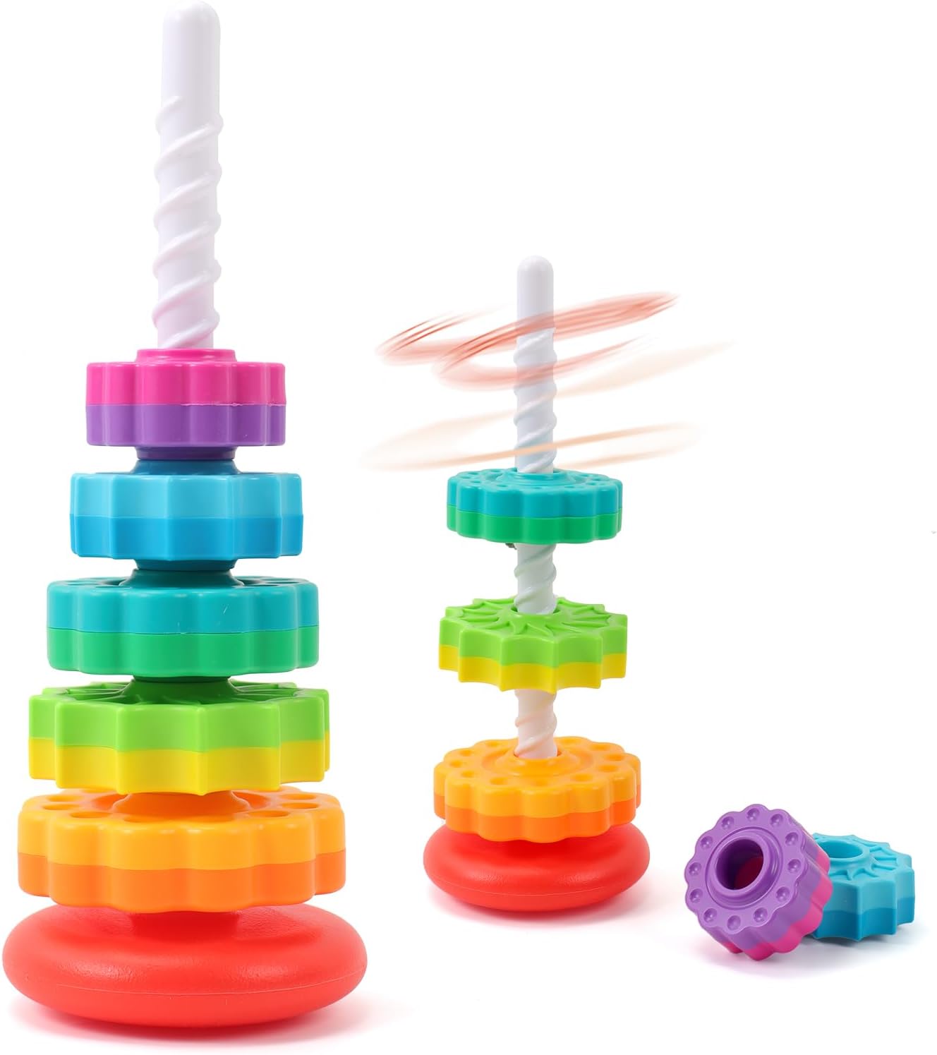 Baby Spinning Stacking Toys, 1-3 Rainbow Ring Stacker Montessori Toys for Babies, Sensory Toys for Toddlers, Christmas and Birthday Gifts Suitable for Boys and Girls