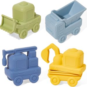 Food-Grade Silicone Baby Bath Toys 4 Pack | Mold-Free Cars & Truck Toys for 6-12 Months & 1-3 Year Olds | BPA-Free, Dishwasher-Safe Bathtub Pool Float Toys | Toddler Shower Gift for Boys Girls