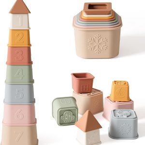 Baby Stacking Cups Toy, Silicone Stacking Tower, Silicone Soft Teething Toy Educational Baby Toys, Baby Building Toys Blocks, 6 Months+, 8 Pcs Set-Gentle