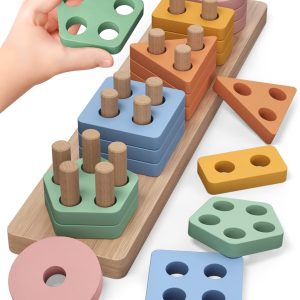 Montessori Toys for 1 2 Year Old, Wooden Sorting and Stacking Toys for Toddlers, Baby Shape Sorter and Color Stacker Blocks for Toddler, Preschool Learning Toy, Gift for 12-18 Month Boys Girls