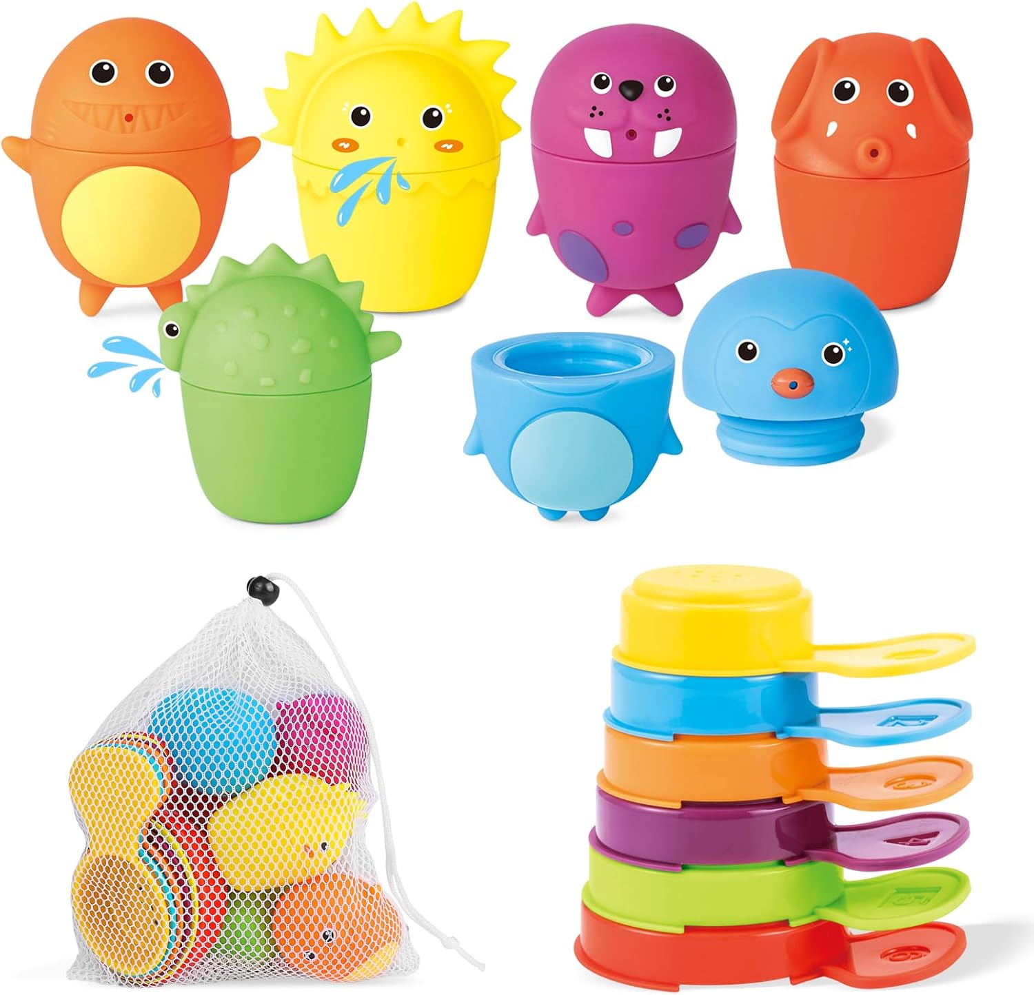 Mold Free Bath Toys for Toddlers 1-3,12PCS Silicone Toys with Rainbow Floating Spoons & Mesh Bag Storage, Water Table Toys for Infants 6-12 Months,Idea Soft Teething Water Pouring Games Stacking Toys