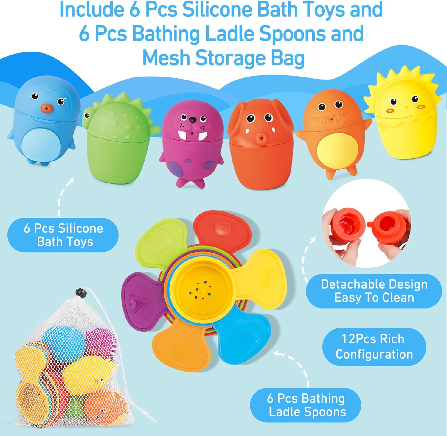 Mold Free Bath Toys for Toddlers 1-3,12PCS Silicone Toys with Rainbow Floating Spoons & Mesh Bag Storage, Water Table Toys for Infants 6-12 Months,Idea Soft Teething Water Pouring Games Stacking Toys - Image 2