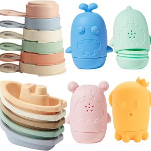 Baby Bath Toys for Kids Ages 1-3, 15 PCS Mold Free Toddler Bath Toys for 2-4 Bathtub Water Table Pool Toys with Stackable Boats and Spoons and Silicone Bath Toy for Babies 6-12 Months
