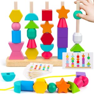 Montessori Wooden Beads Sequencing Toy Set, Stacking Blocks & Lacing Beads & Matching Shape Stacker for 2 3 4 5 Year Old  Preschool Learning Montessori Toys Gifts for Kids Boy Girl Toddler