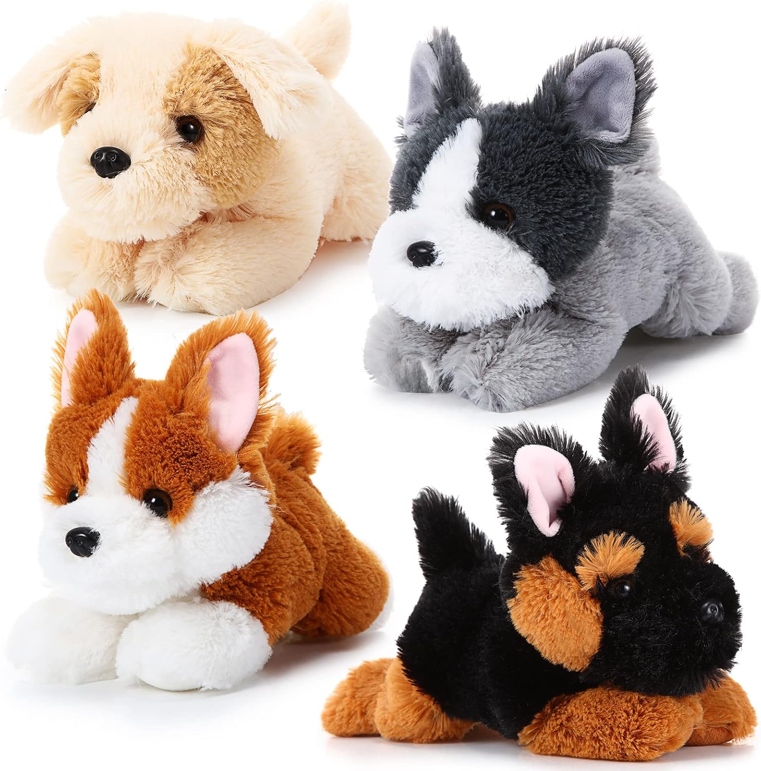 4 Pack 8 Inch Dog Plush Stuffed Animal Soft Fluffy Puppy Pillow Set Theme Party Favor Contains Corgi Schnauzer Golden Retriever German Shepherd Toy Gift (Classic Style)